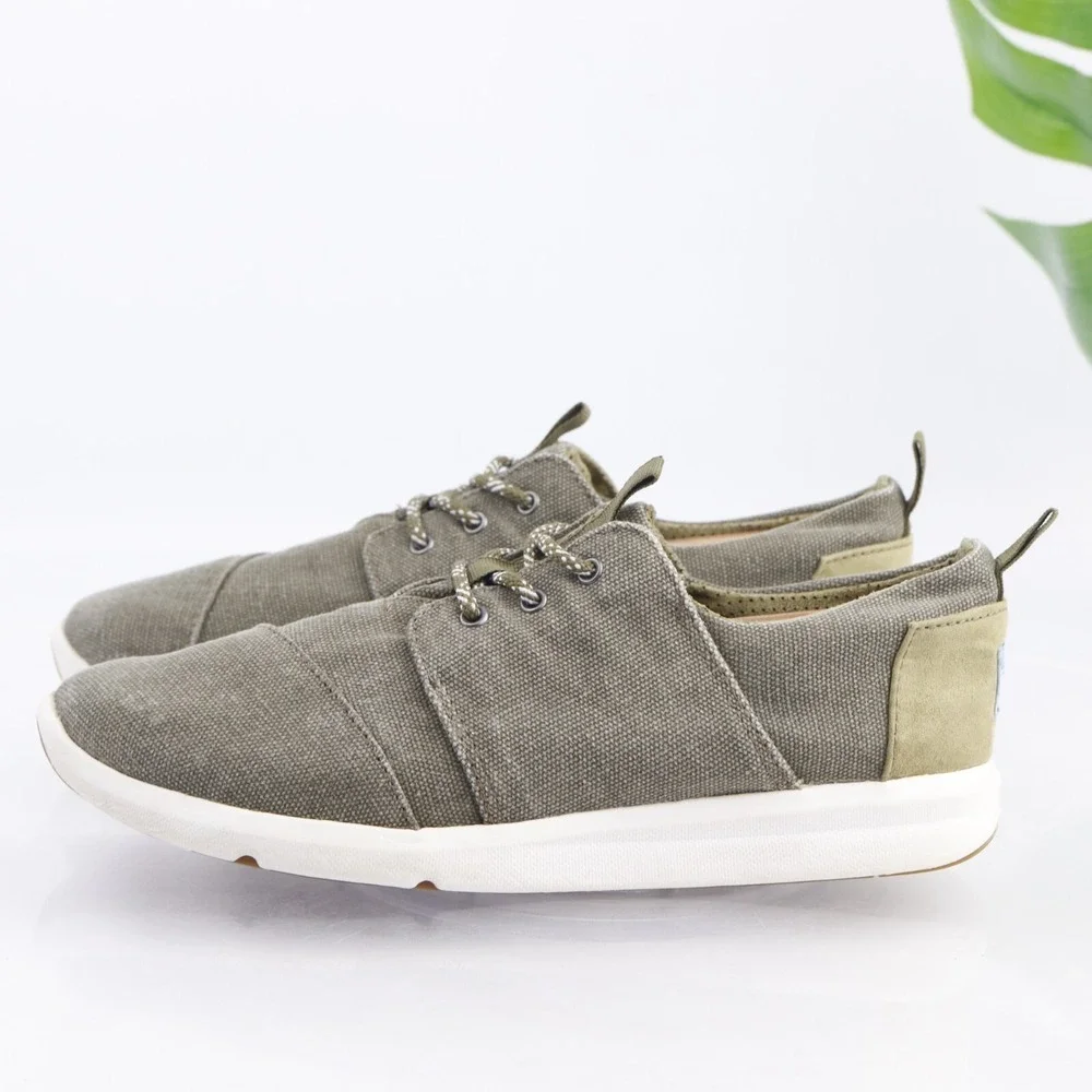 Toms Womens Del Rey Sneaker Size 9 Olive Green Canvas Lace Up Comfort Shoe Sport